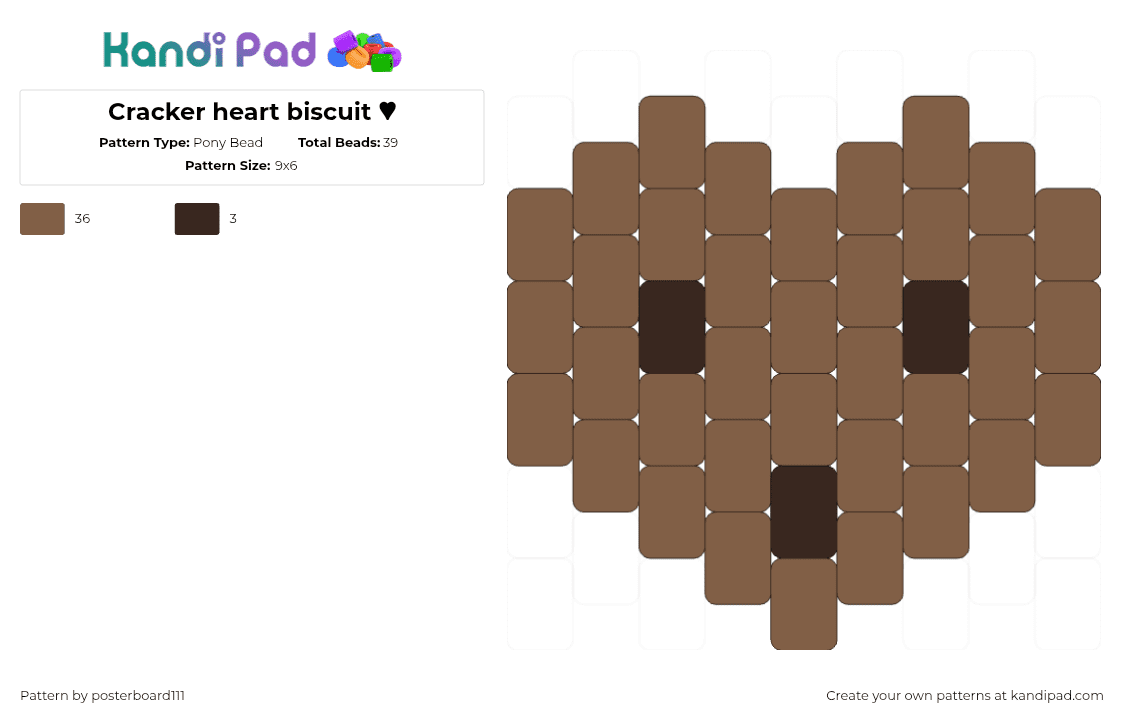 Cracker heart biscuit ♥︎ - Pony Bead Pattern by posterboard111 on Kandi Pad - charlotte cracker,one piece,biscuit,cookie,anime,tv show,brown