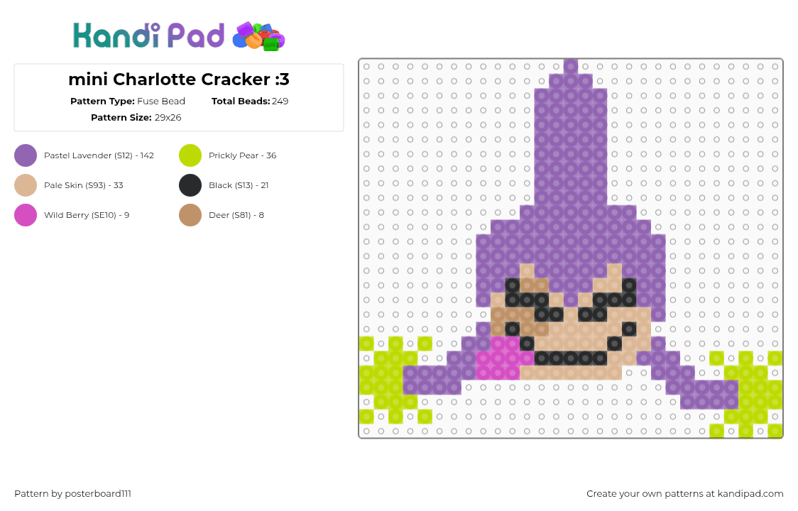 mini Charlotte Cracker :3 - Fuse Bead Pattern by posterboard111 on Kandi Pad - charlotte cracker,one piece,anime,tv show,character,head,purple,tan,green