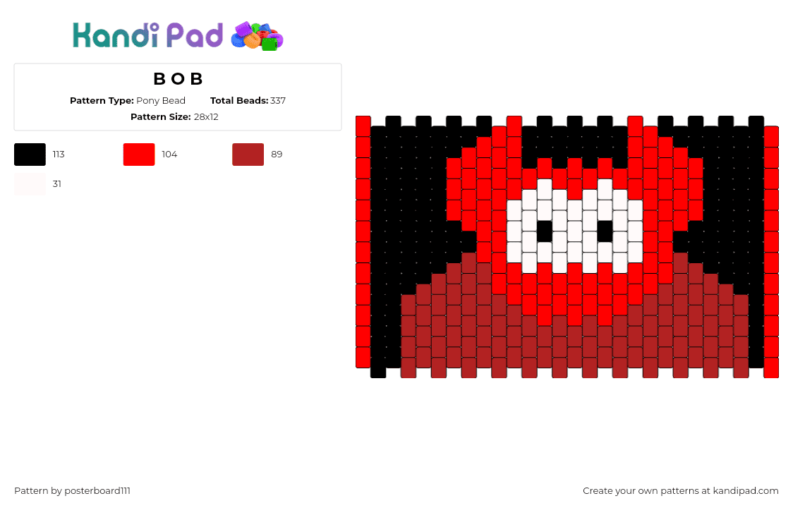 B O B - Pony Bead Pattern by posterboard111 on Kandi Pad - bob velseb,spooky month,devil,horror,character,cuff,animation,tv show,red,black