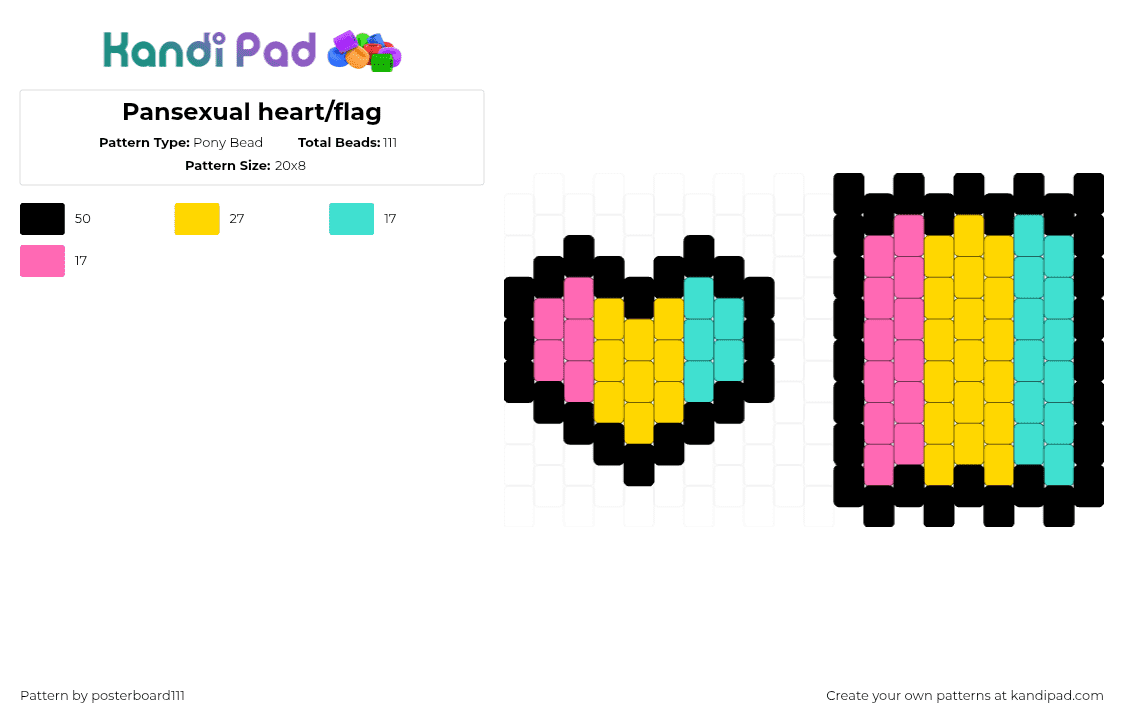 Pansexual heart/flag - Pony Bead Pattern by posterboard111 on Kandi Pad - pansexual,pride,heart,charms,stripes,pink,yellow,teal