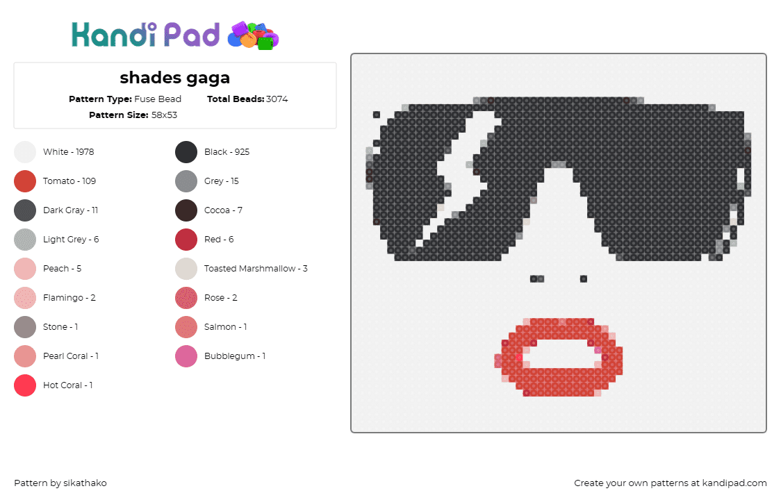 shades gaga - Fuse Bead Pattern by sikathako on Kandi Pad - lady gaga,music,sunglasses