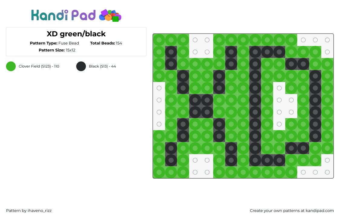 XD green/black - Fuse Bead Pattern by ihaveno_rizz on Kandi Pad - xd,emoticon,emoji,laugh,face,text,black,green