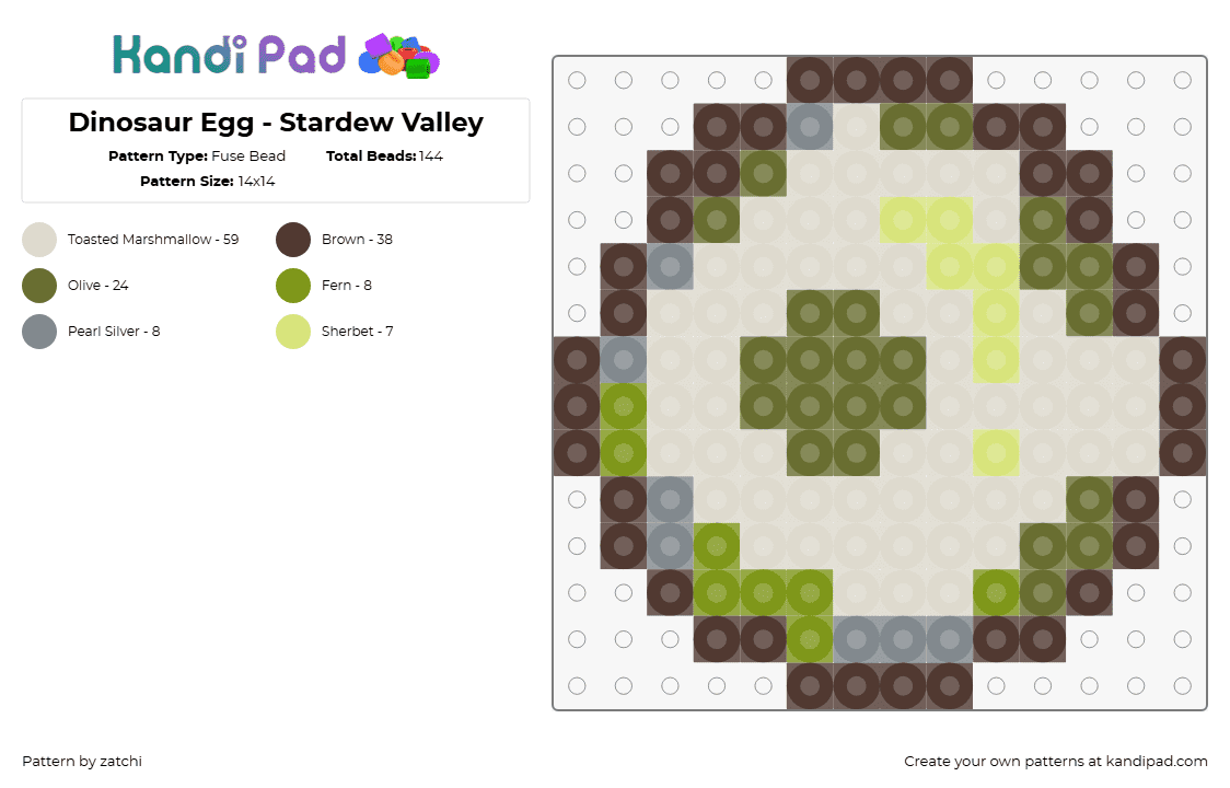 Dinosaur Egg - Stardew Valley - Fuse Bead Pattern by zatchi on Kandi Pad - egg,stardew valley,dinosaur,video game,green,beige