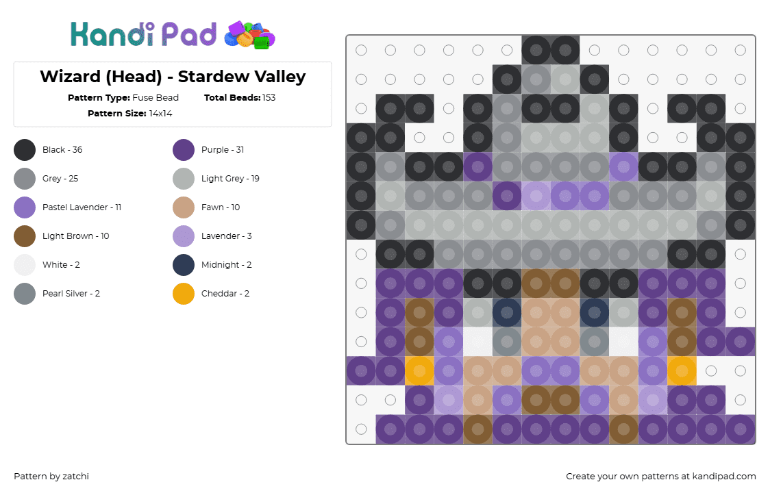 Wizard (Head) - Stardew Valley - Fuse Bead Pattern by zatchi on Kandi Pad - wizard,stardew valley,head,character,charm,video game,purple,gray