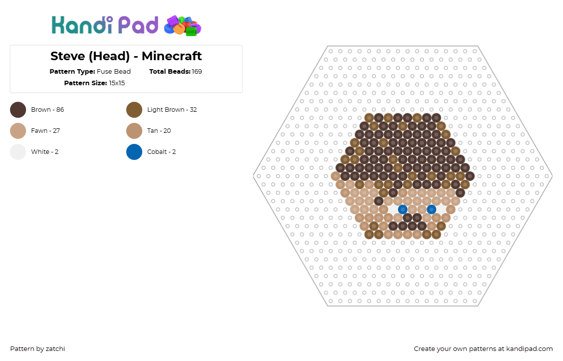 Steve (Head) - Minecraft - Fuse Bead Pattern by zatchi on Kandi Pad - steve,minecraft,block,charm,head,video game,tan,brown