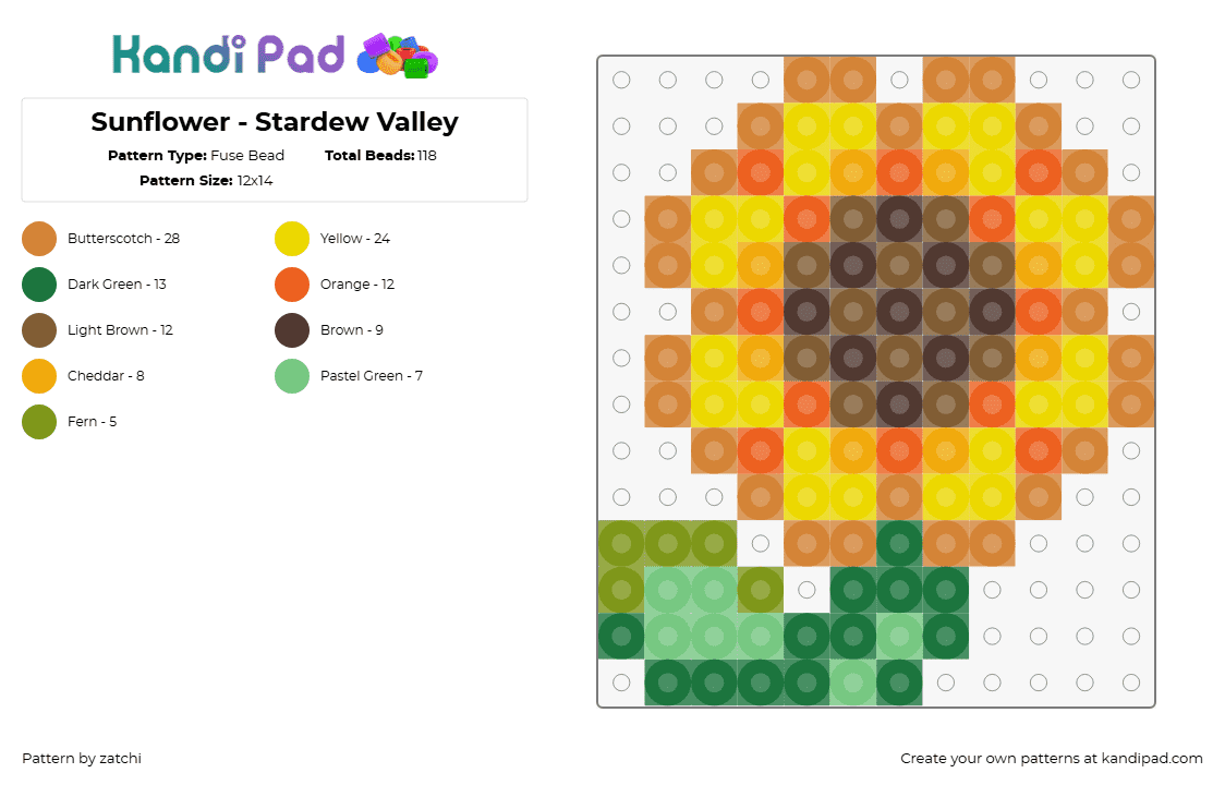 Sunflower - Stardew Valley - Fuse Bead Pattern by zatchi on Kandi Pad - sunflower,stardew valley,nature,video game,yellow,orange,tan,green