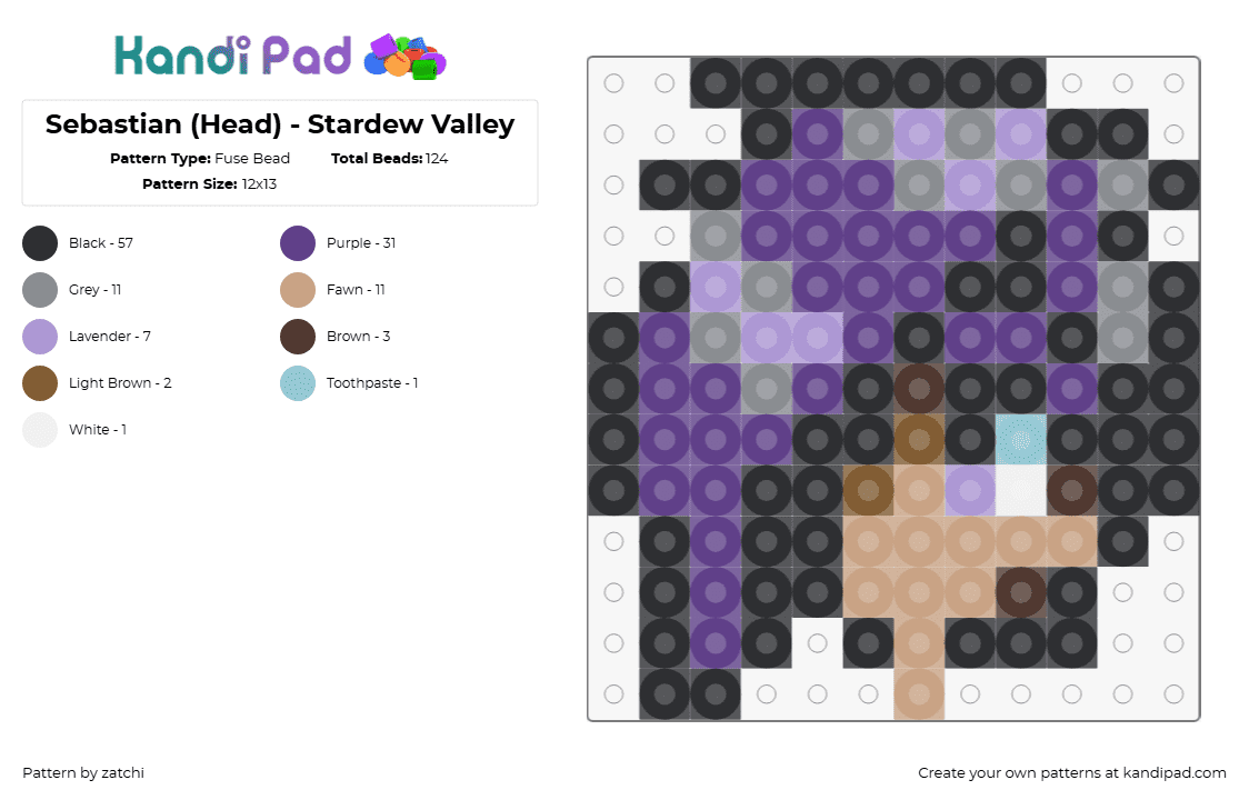 Sebastian (Head) - Stardew Valley - Fuse Bead Pattern by zatchi on Kandi Pad - sebastian,stardew valley,head,character,charm,video game,purple,tan