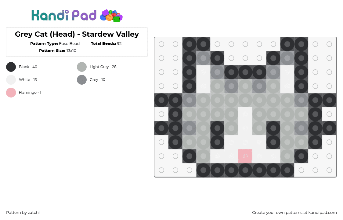 Grey Cat (Head) - Stardew Valley - Fuse Bead Pattern by zatchi on Kandi Pad - cat,stardew valley,animal,head,charm,cute,video game,gray