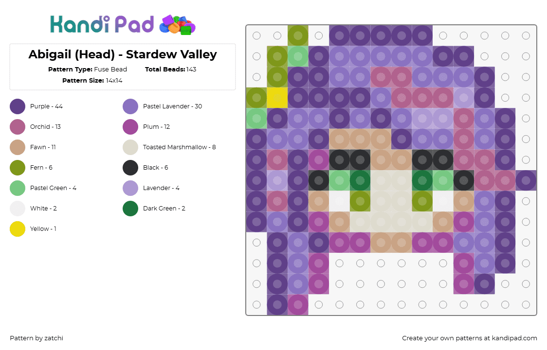 Abigail (Head) - Stardew Valley - Fuse Bead Pattern by zatchi on Kandi Pad - abigail,stardew valley,head,character,charm,video game,purple,beige