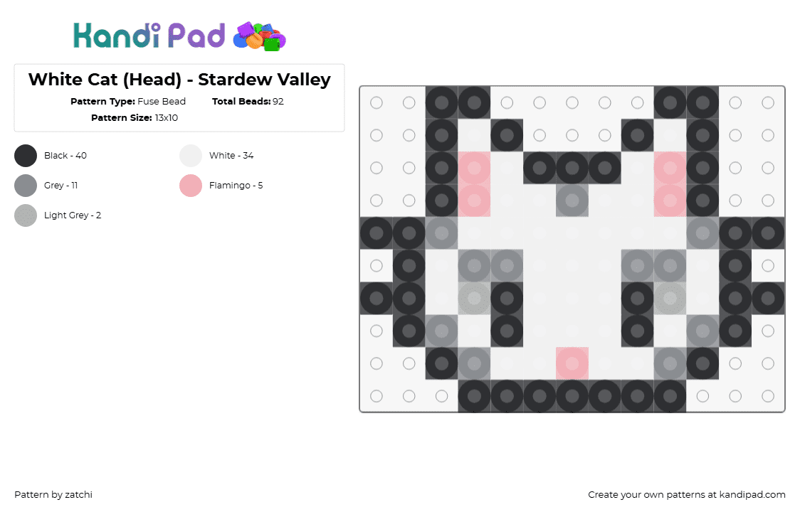 White Cat (Head) - Stardew Valley - Fuse Bead Pattern by zatchi on Kandi Pad - cat,stardew valley,animal,head,charm,cute,video game,white