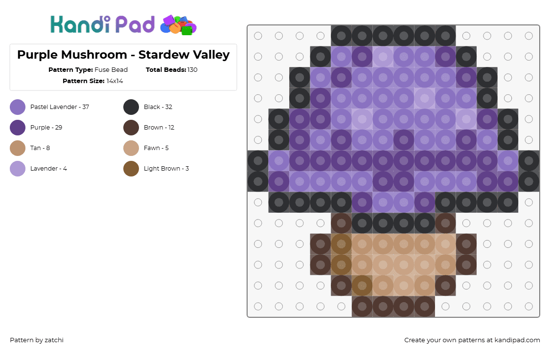 Purple Mushroom - Stardew Valley - Fuse Bead Pattern by zatchi on Kandi Pad - mushroom,stardew valley,video game,purple,tan