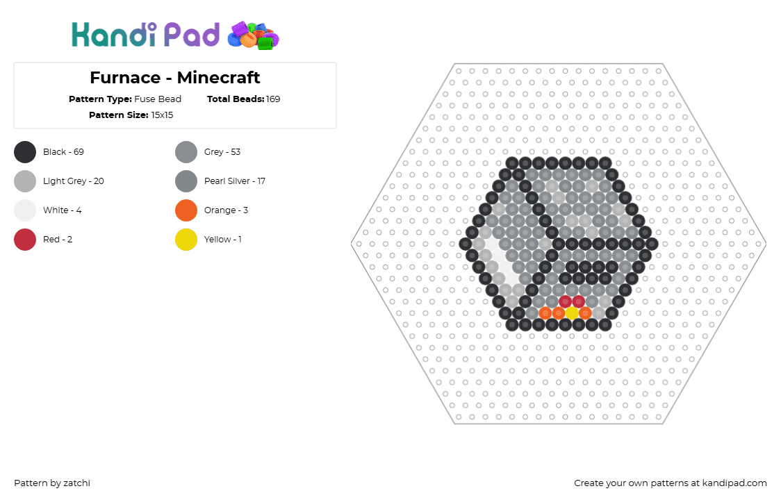 Furnace - Minecraft - Fuse Bead Pattern by zatchi on Kandi Pad - furnace,minecraft,block,charm,video game,gray