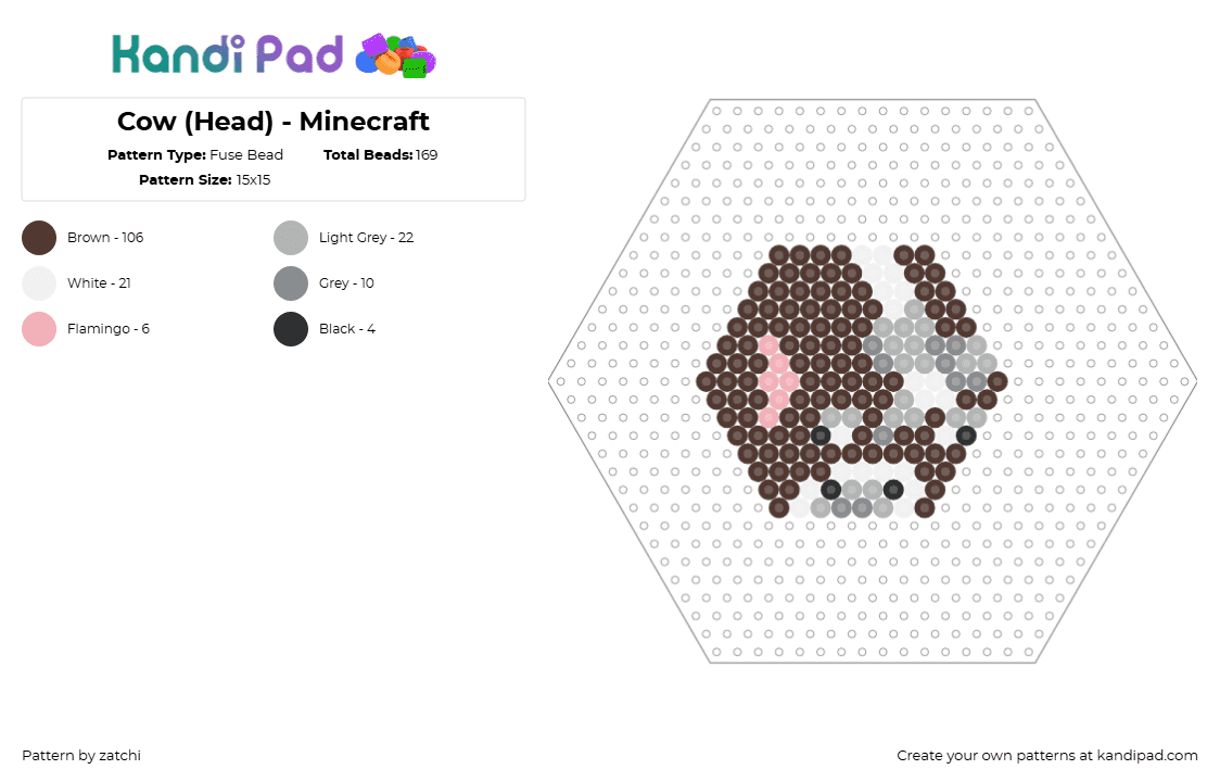 Cow (Head) - Minecraft - Fuse Bead Pattern by zatchi on Kandi Pad - cow,minecraft,animal,block,charm,video game,brown