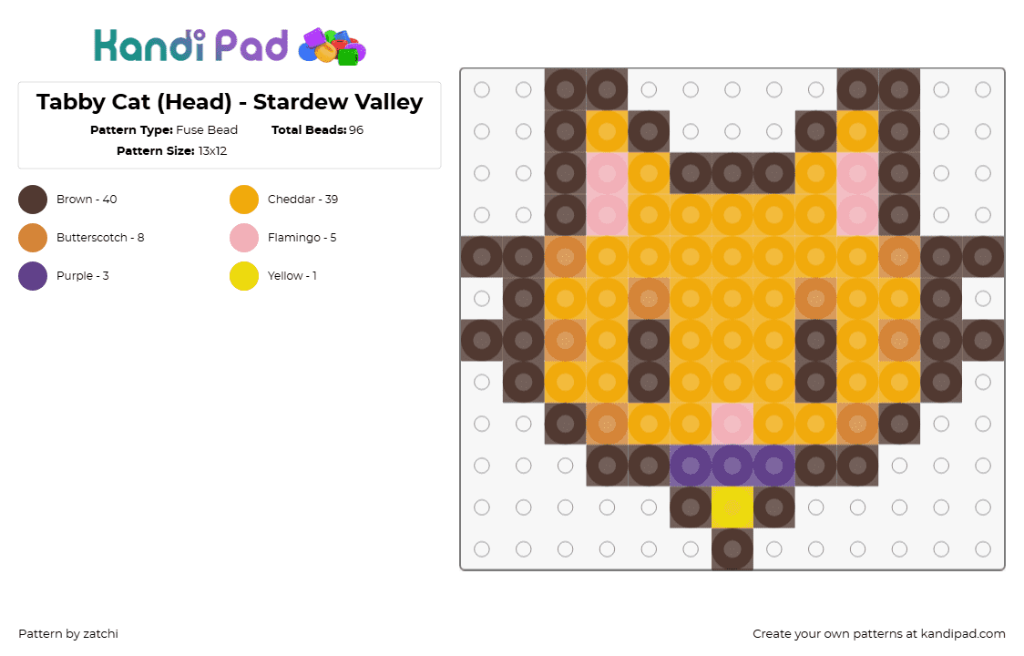 Tabby Cat (Head) - Stardew Valley - Fuse Bead Pattern by zatchi on Kandi Pad - tabby,cat,stardew valley,animal,head,charm,cute,video game,orange