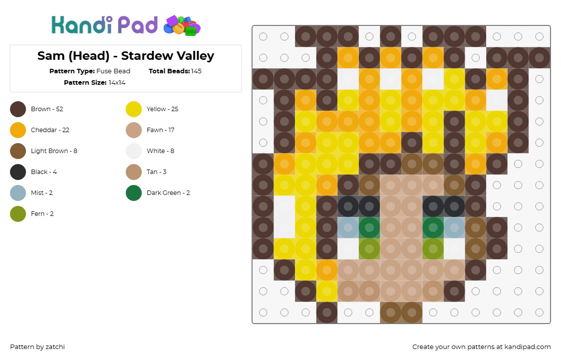 Sam (Head) - Stardew Valley - Fuse Bead Pattern by zatchi on Kandi Pad - sam,stardew valley,head,character,charm,video game,blonde,yellow,tan