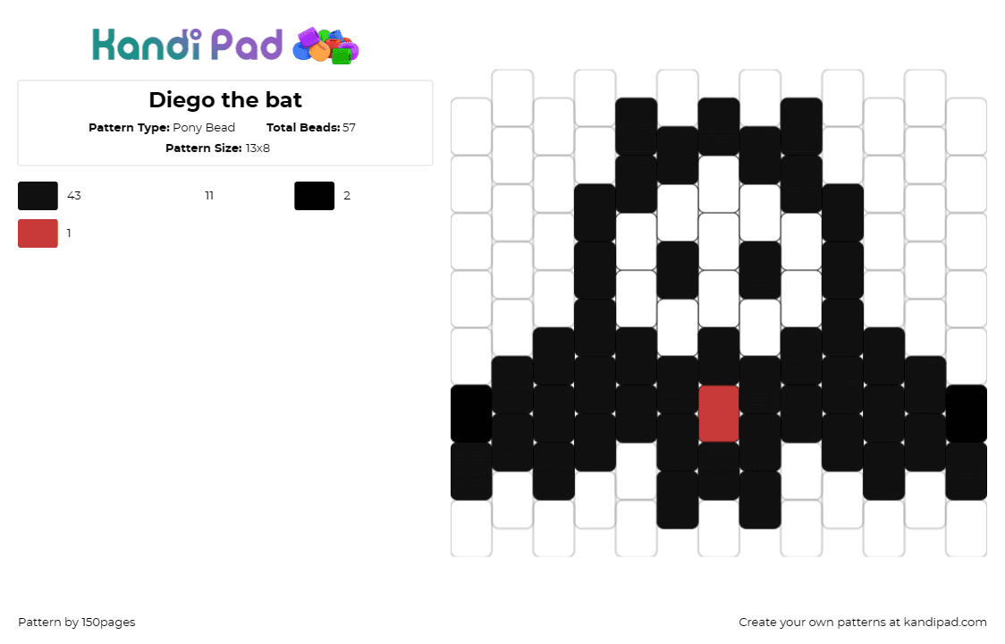 Diego the bat - Pony Bead Pattern by 150pages on Kandi Pad - diego,skelanimals,bat,spooky,halloween,character,cute,black