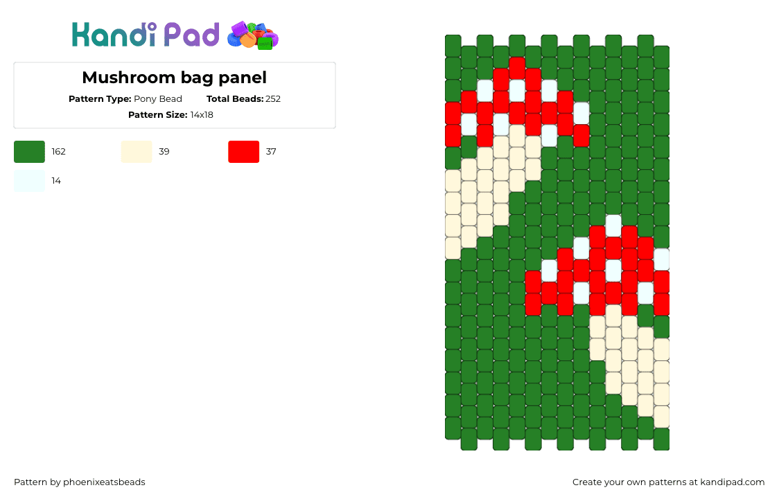 Mushroom bag panel - Pony Bead Pattern by phoenixeatsbeads on Kandi Pad - mushrooms,fungus,nature,bag,panel,green,red,beige