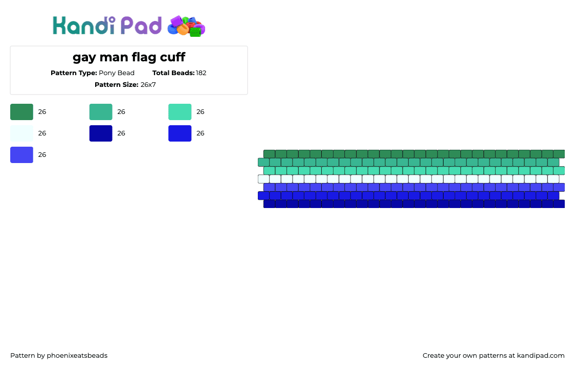 gay man flag cuff - Pony Bead Pattern by phoenixeatsbeads on Kandi Pad - mlm,pride,gay,cuff,teal,blue,green