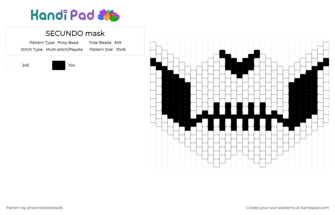 SECUNDO mask - Pony Bead Pattern by phoenixeatsbeads on Kandi Pad - white,black