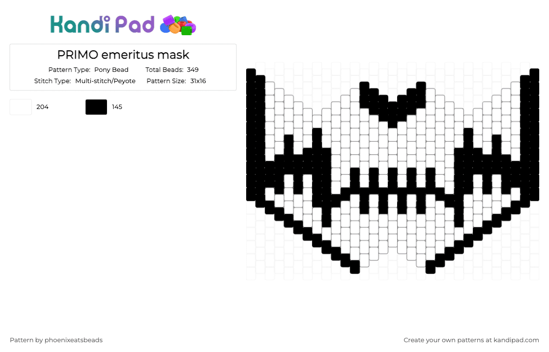PRIMO emeritus mask - Pony Bead Pattern by phoenixeatsbeads on Kandi Pad - black,white