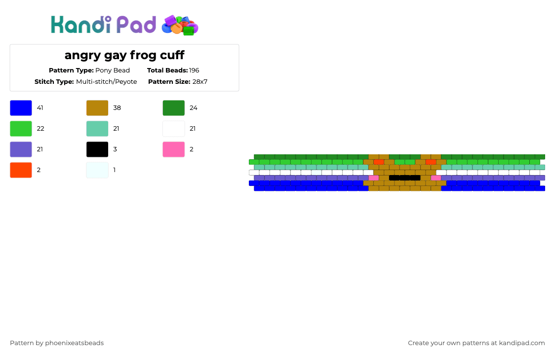 angry gay frog cuff - Pony Bead Pattern by phoenixeatsbeads on Kandi Pad - frog,gay,green,gold,purple