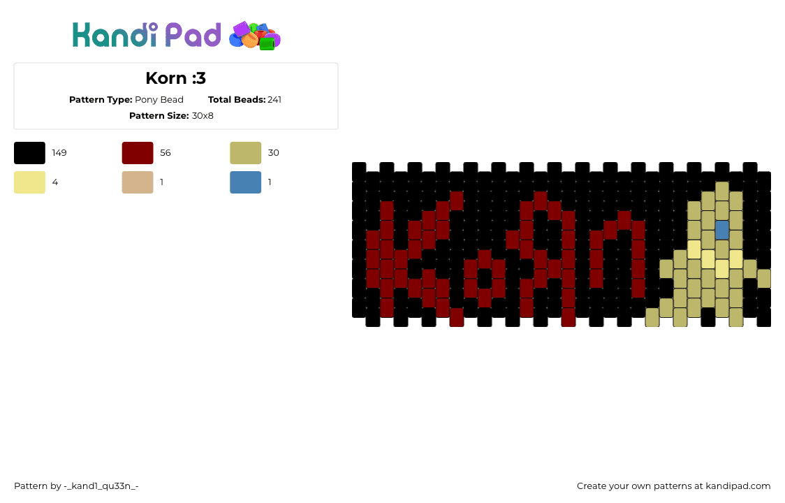 Korn :3 - Pony Bead Pattern by -_kand1_qu33n_- on Kandi Pad - korn,logo,text,band,numetal,music,cuff,voodoo doll,black,red,beige