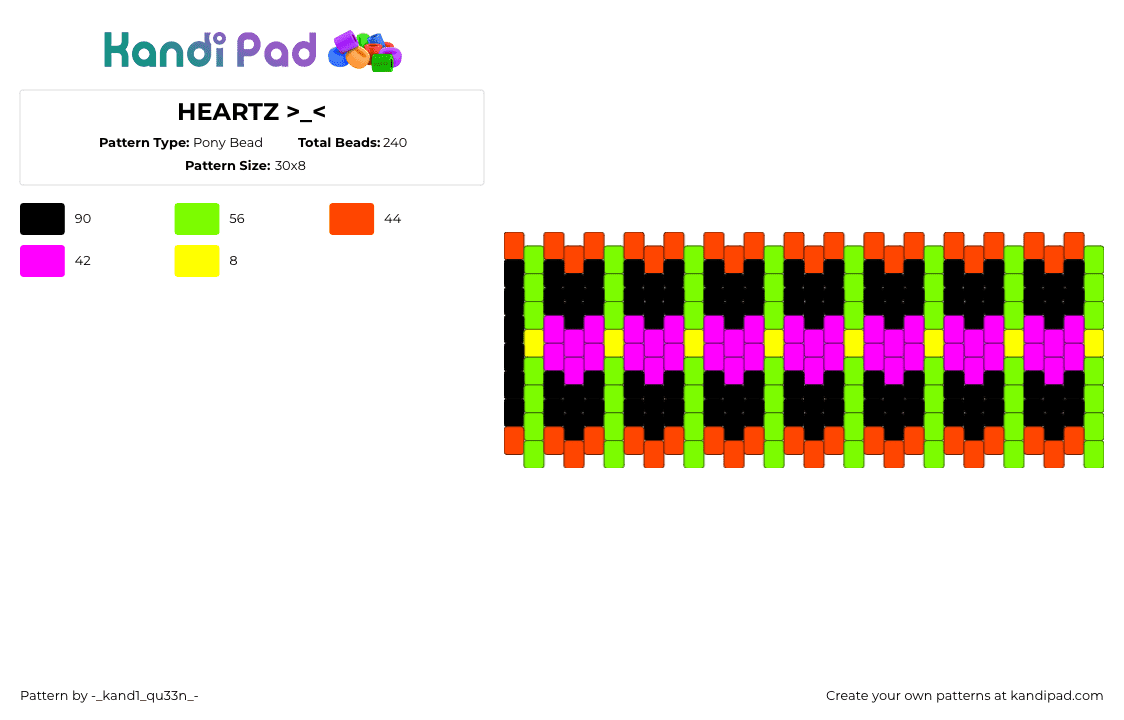 HEARTZ >_ - Pony Bead Pattern by -_kand1_qu33n_- on Kandi Pad - hearts,neon,repeating,stripes,love,cuff,scene,pink,green,black,orange