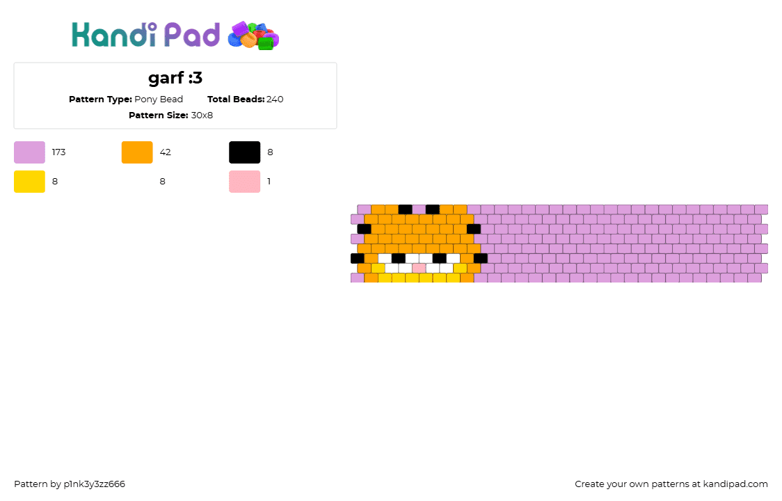 garf :3 - Pony Bead Pattern by p1nk3y3zz666 on Kandi Pad - garfield,comic,cat,animal,head,cuff,orange,pink