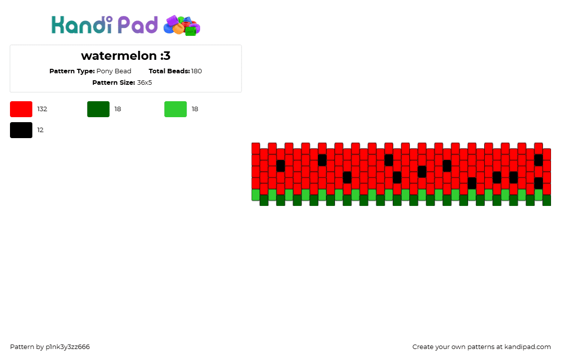 watermelon :3 - Pony Bead Pattern by p1nk3y3zz666 on Kandi Pad - watermelon,fruit,food,cuff,red,green