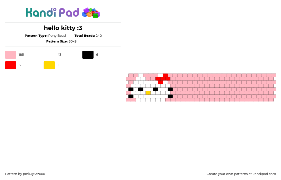 hello kitty :3 - Pony Bead Pattern by p1nk3y3zz666 on Kandi Pad - hello kitty,sanrio,cuff,pink,white