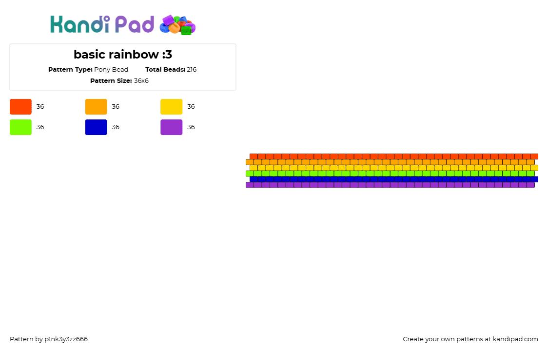 basic rainbow :3 - Pony Bead Pattern by p1nk3y3zz666 on Kandi Pad - rainbow,bracelet,cuff