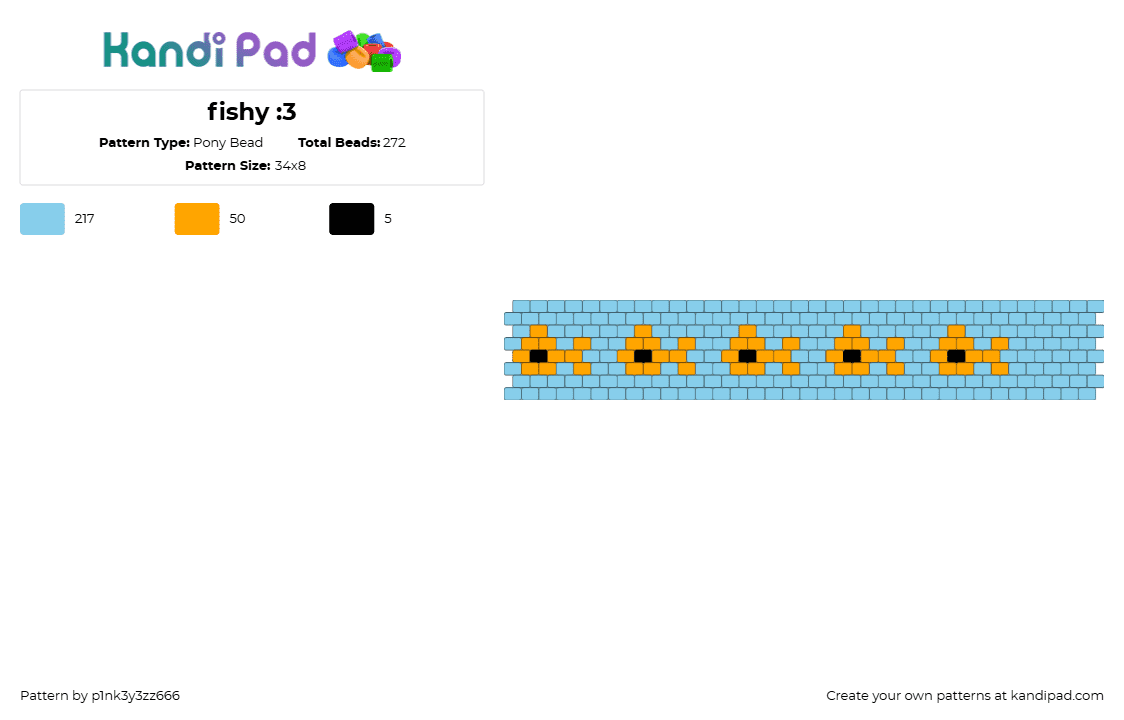 fishy :3 - Pony Bead Pattern by p1nk3y3zz666 on Kandi Pad - goldfish,fish,repeating,water,cuff,light blue,orange