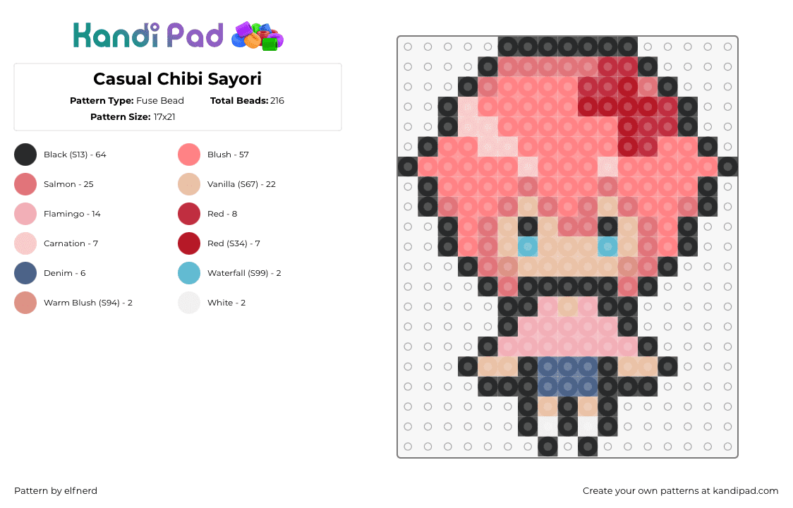 Casual Chibi Sayori - Fuse Bead Pattern by elfnerd on Kandi Pad - sayori,ddlc,doki doki literature club,character,chibi,video game,pink,tan