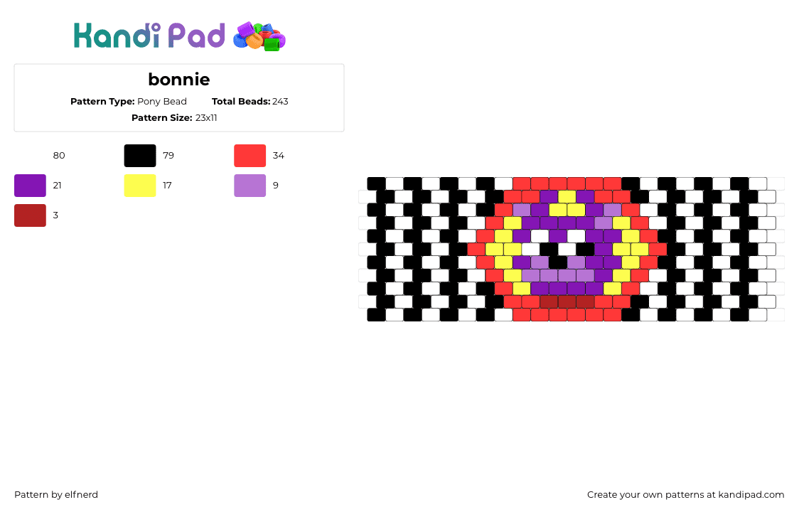 bonnie - Pony Bead Pattern by elfnerd on Kandi Pad - bonnie,fnaf,five nights at freddys,cuff,stripes,video game,horror,purple,red,black,white