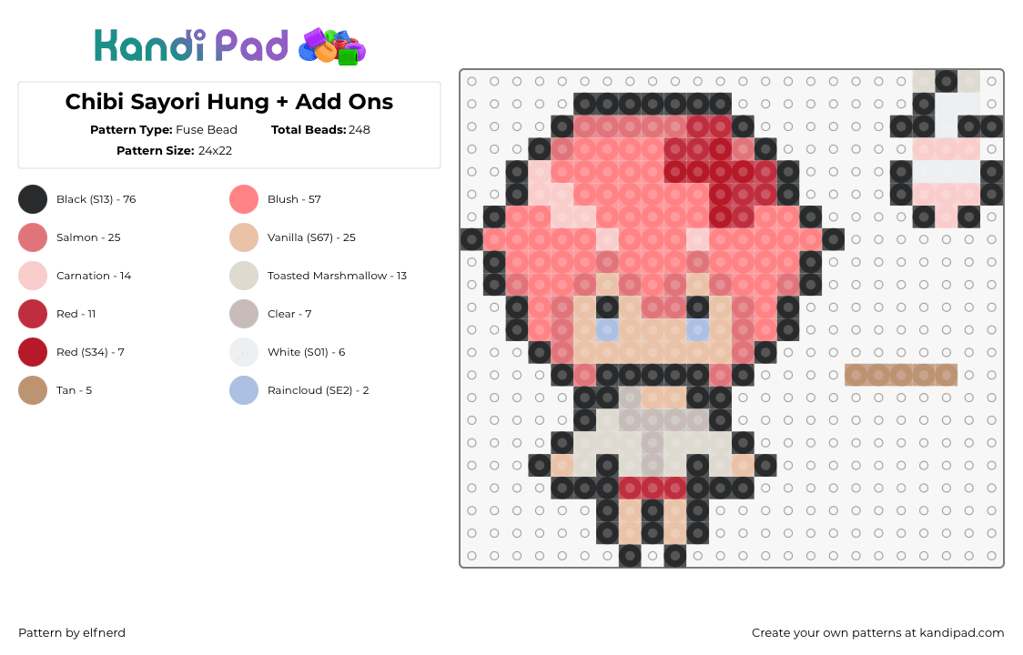 Chibi Sayori Hung + Add Ons - Fuse Bead Pattern by elfnerd on Kandi Pad - sayori,ddlc,doki doki literature club,character,chibi,video game,pink,tan