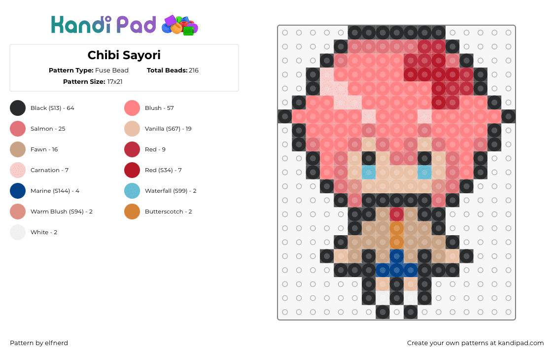 Chibi Sayori - Fuse Bead Pattern by elfnerd on Kandi Pad - sayori,ddlc,doki doki literature club,character,chibi,video game,pink,tan