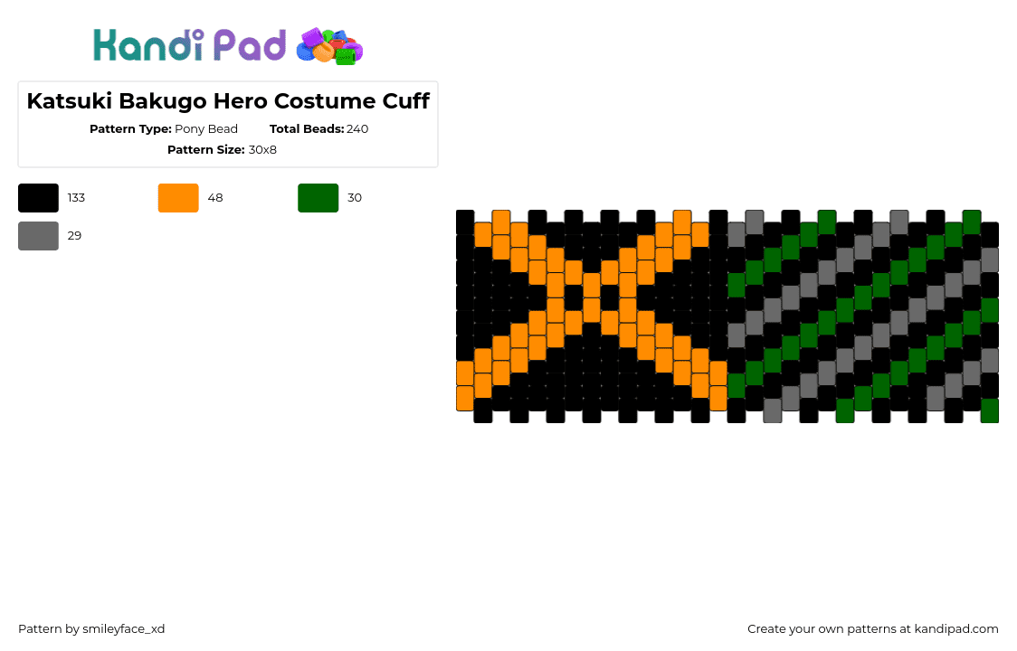 Katsuki Bakugo Hero Costume Cuff - Pony Bead Pattern by smileyface_xd on Kandi Pad - katsuki bakugo,my hero academia,diagonal,stripes,cuff,orange,black,green