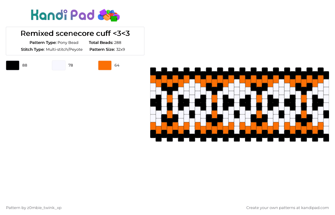 Remixed scenecore cuff - Pony Bead Pattern by z0mbie_twink_xp on Kandi Pad - white,orange