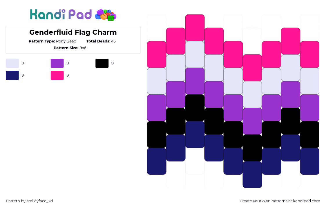 Genderfluid Flag Charm - Pony Bead Pattern by smileyface_xd on Kandi Pad - genderfluid,pride,flag,charm,pink,purple,blue