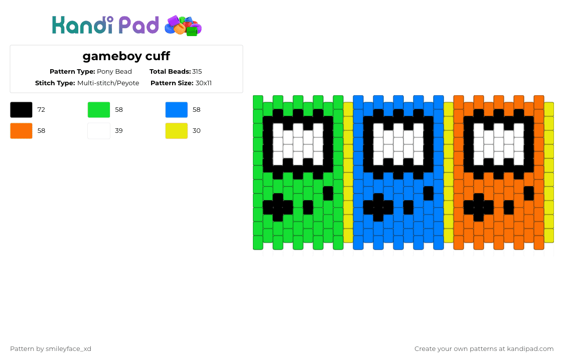 gameboy cuff - Pony Bead Pattern by z0mbie_twink_xp on Kandi Pad - green,blue,orange