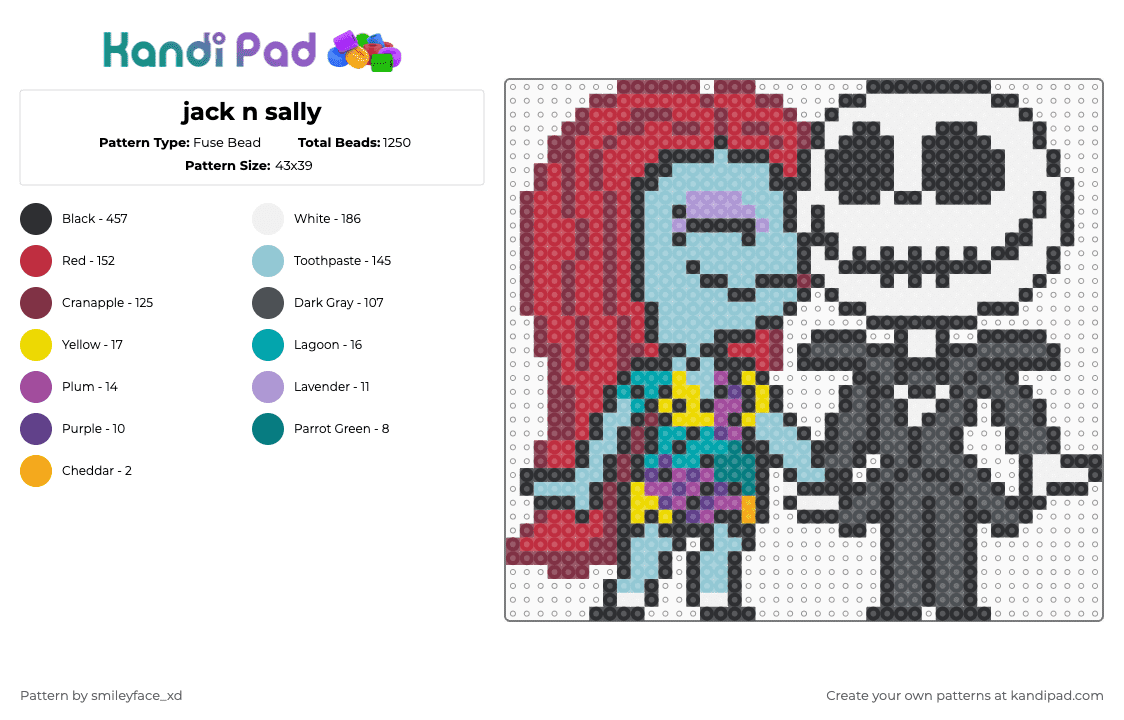 jack n sally - Fuse Bead Pattern by z0mbie_twink_xp on Kandi Pad - nightmare before christmas,jack skellington,sally,movie,cartoon,animation,light blue,brown,red,gray