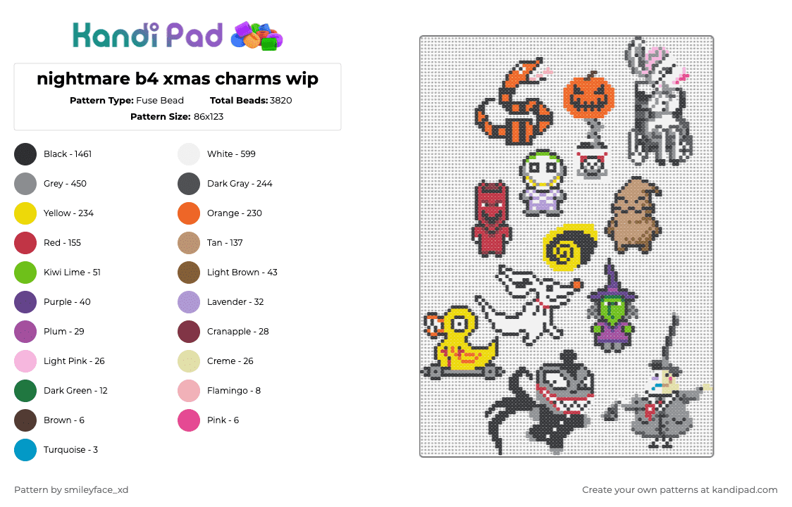 nightmare b4 xmas charms wip - Fuse Bead Pattern by z0mbie_twink_xp on Kandi Pad - black,beige,red,yellow,colorful