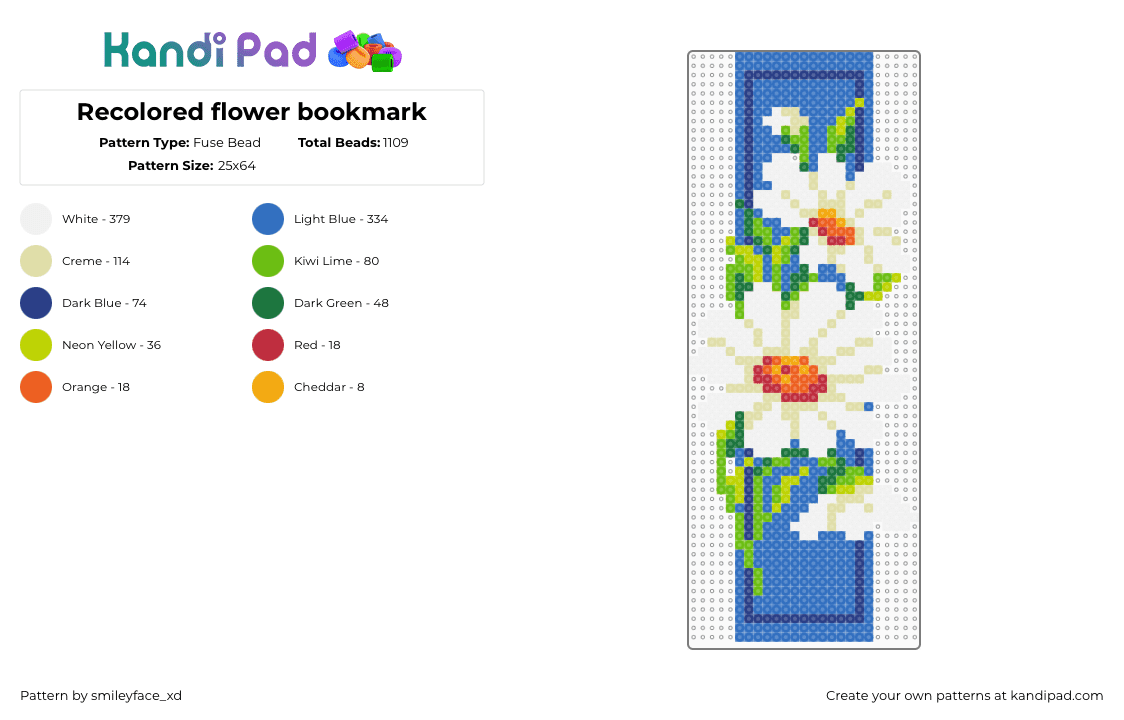 Recolored flower bookmark - Fuse Bead Pattern by smileyface_xd on Kandi Pad - blue,green,flowers,bookmark