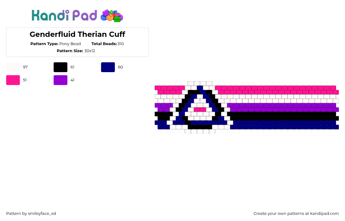 Genderfluid Therian Cuff - Pony Bead Pattern by smileyface_xd on Kandi Pad - therian,genderfluid,pride,cuff,pink,purple,blue