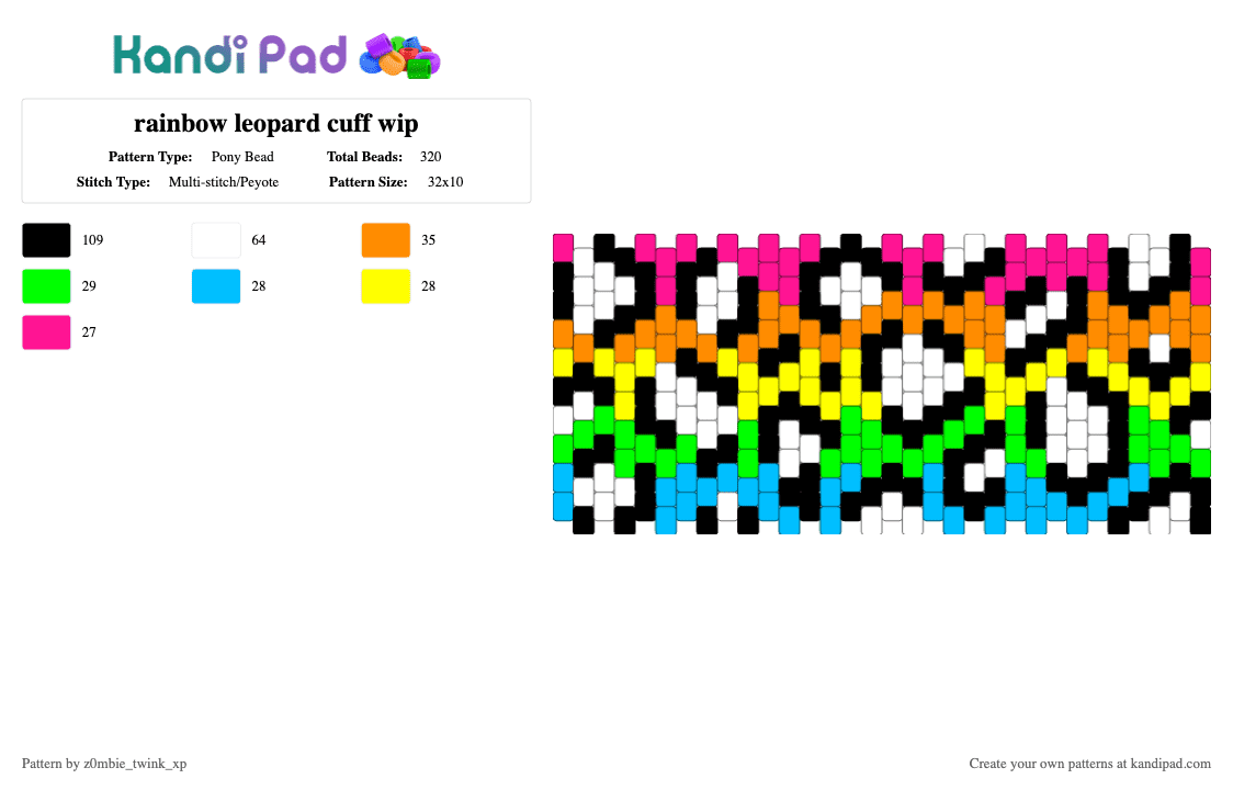 rainbow leopard cuff wip - Pony Bead Pattern by z0mbie_twink_xp on Kandi Pad - light blue,orange,yellow,green