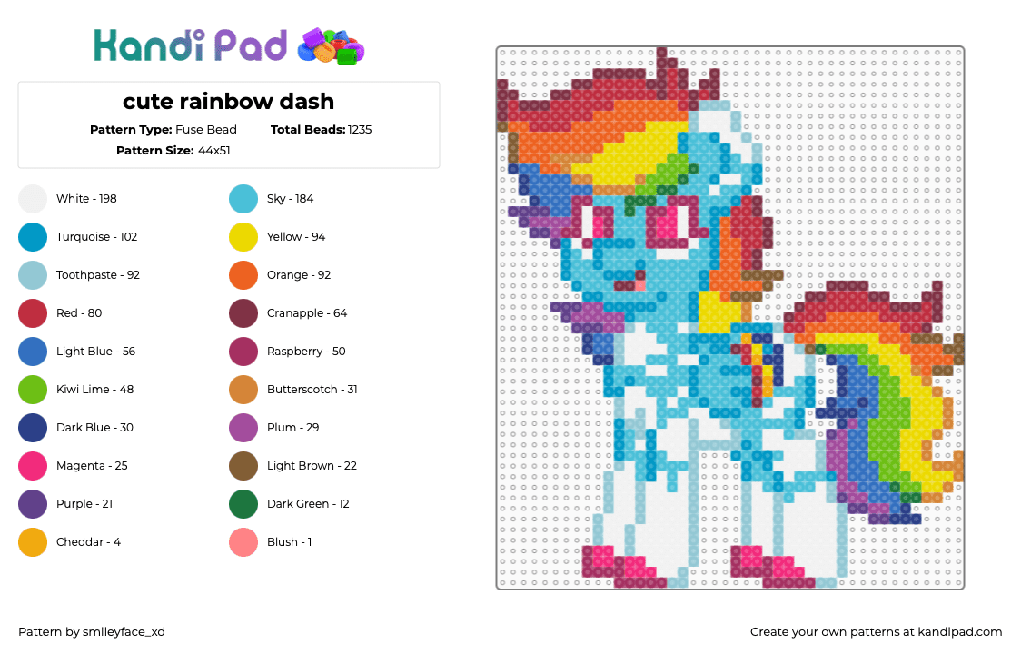 cute rainbow dash - Fuse Bead Pattern by z0mbie_twink_xp on Kandi Pad - light blue,pink,orange,yellow