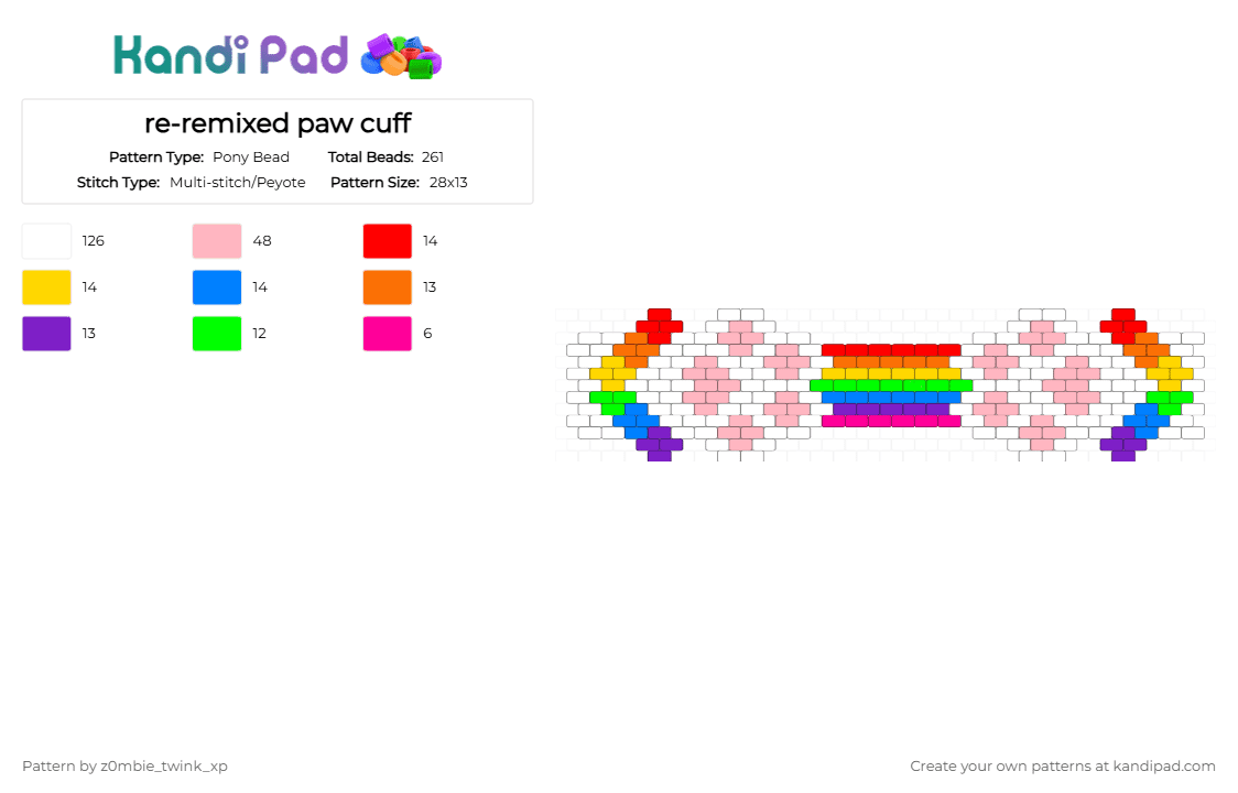 re-remixed paw cuff - Pony Bead Pattern by z0mbie_twink_xp on Kandi Pad - white,pink