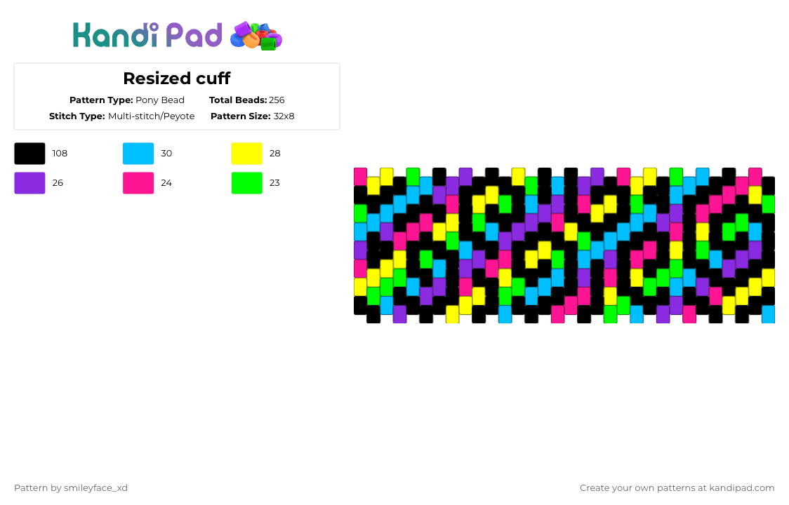 Resized cuff - Pony Bead Pattern by z0mbie_twink_xp on Kandi Pad - yellow,light blue,purple