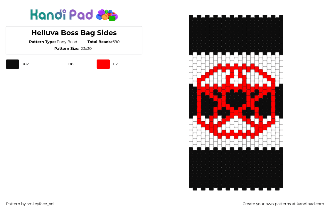 Helluva Boss Bag Sides - Pony Bead Pattern by smileyface_xd on Kandi Pad - helluva boss,pentagram,hazbin hotel,demon,animation,tv show,bag,panel,black,white,red