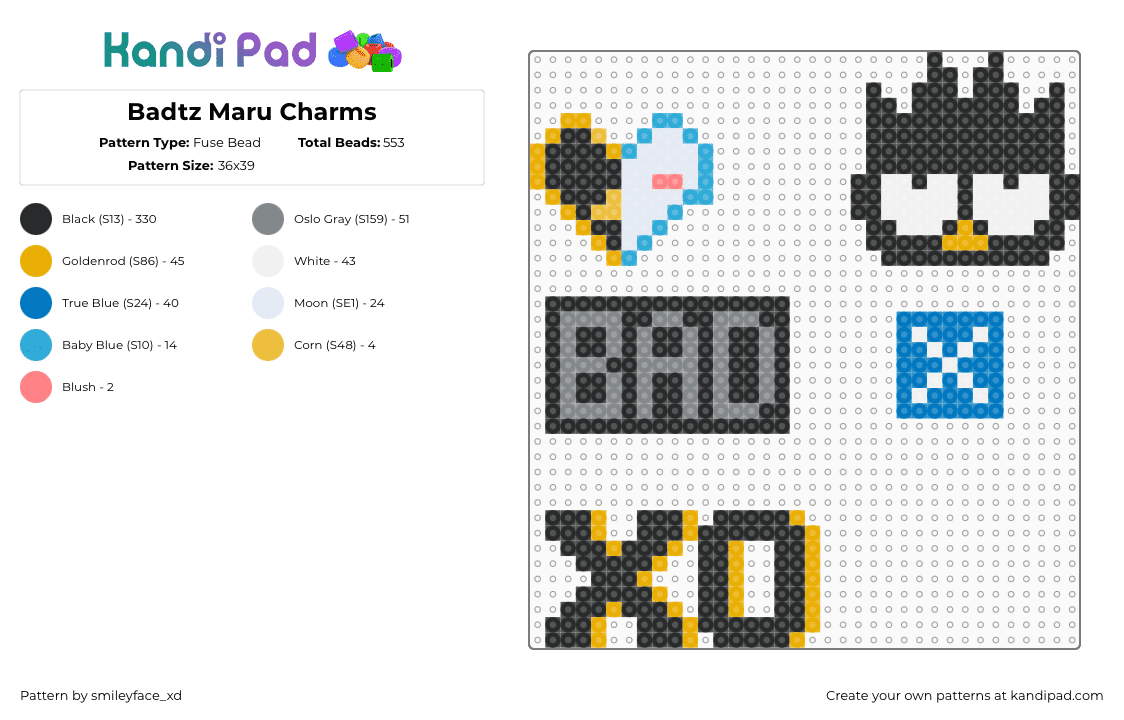 Badtz Maru Charms - Fuse Bead Pattern by smileyface_xd on Kandi Pad - badtz maru,sanrio,xo,charms,black